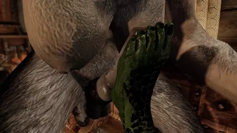 Argonian Satisfies Futa Werewolf Cock With Feet