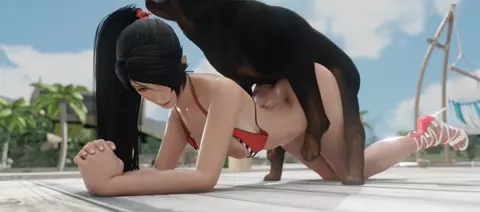 Momiji with her dog in the beach