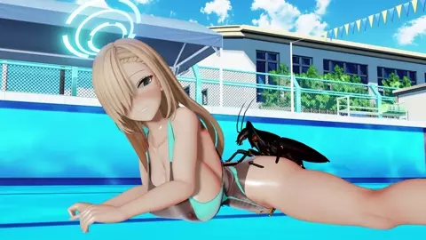 【MMD Blue-Archive】Ichinose Asuna mate with a cockroach in the school swimming pool
